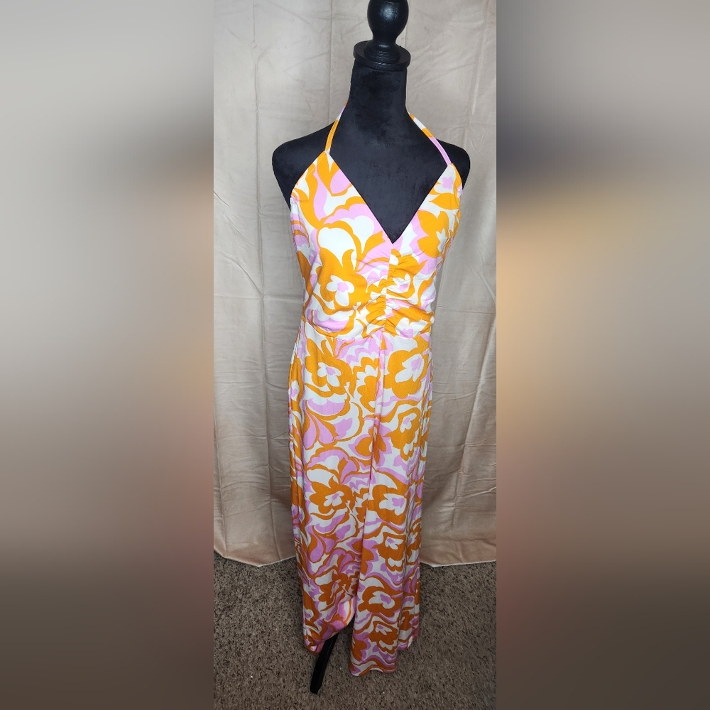 Fashion Nova Floral Halter Jumpsuit in Orange and Pink